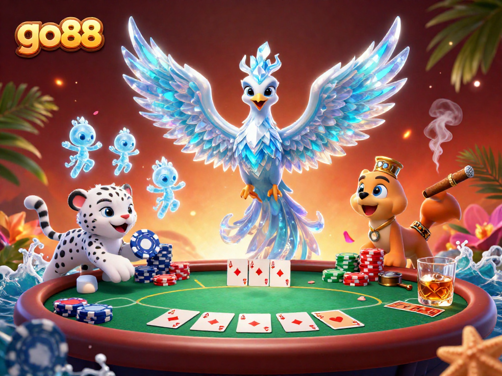 Engage in thrilling gameplay at go88 with a vibrant scene featuring a phoenix and poker elements.