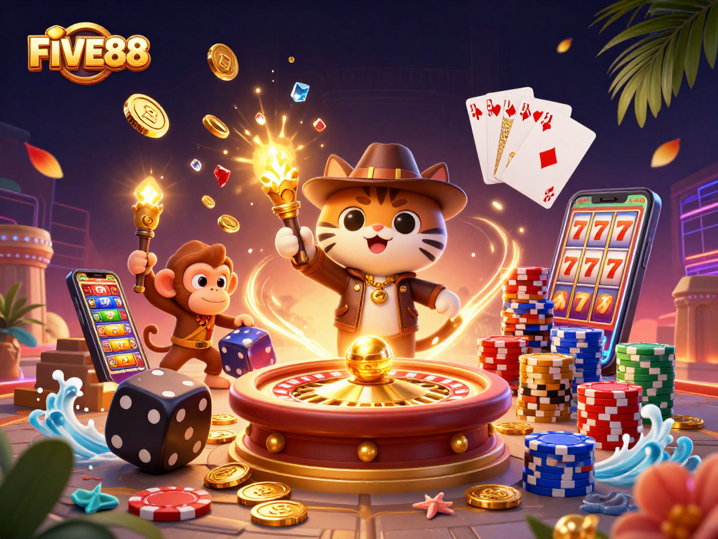 Experience the excitement at FIVE88 with an engaging 3D casino-themed illustration showcasing unique gaming elements.