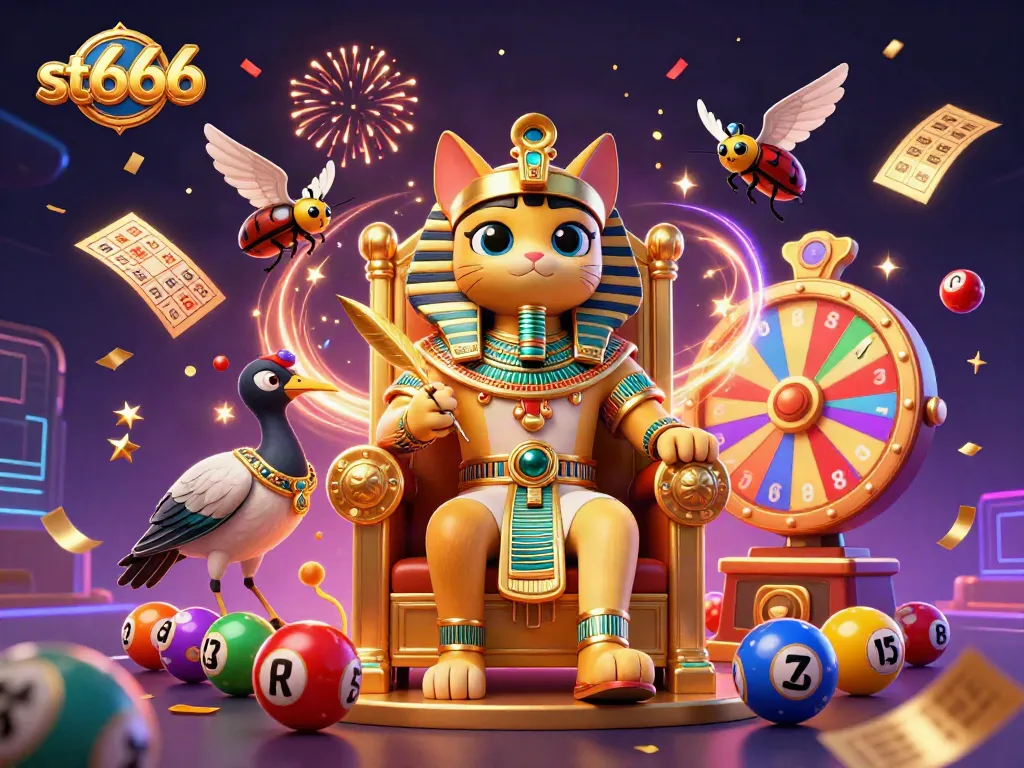 Engage with thrilling st666 lottery games featuring vibrant balls, a golden throne cat, and festive elements.