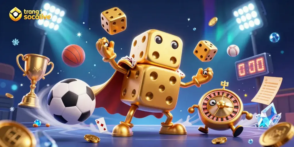 Engaging gameplay at trang chủ socolive shows golden dice and sports balls in dynamic action.