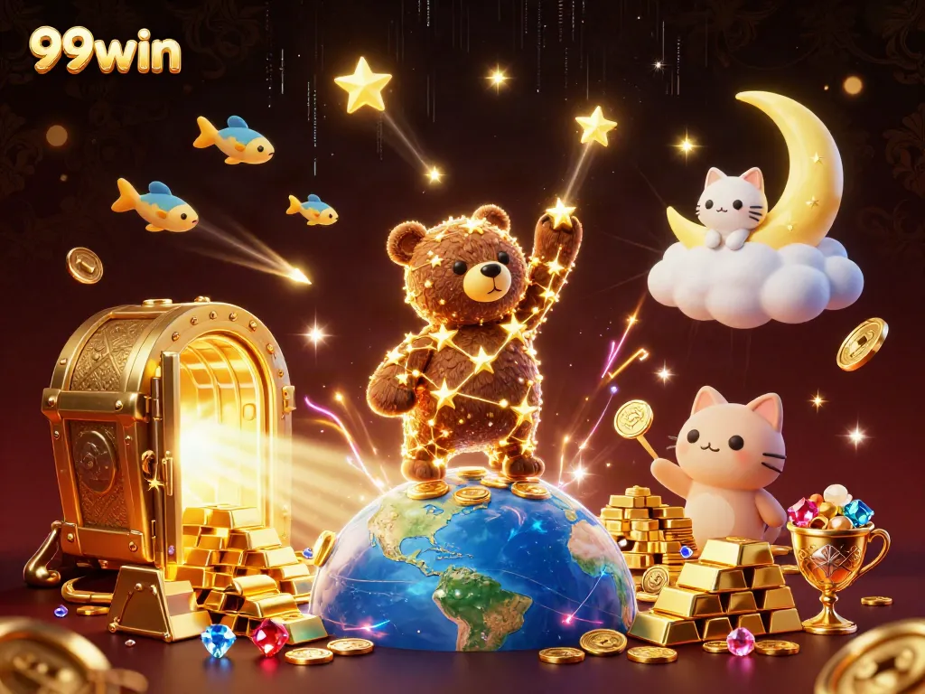 99win showcases a vibrant 3D casino digital art scene filled with treasure and dynamic characters.