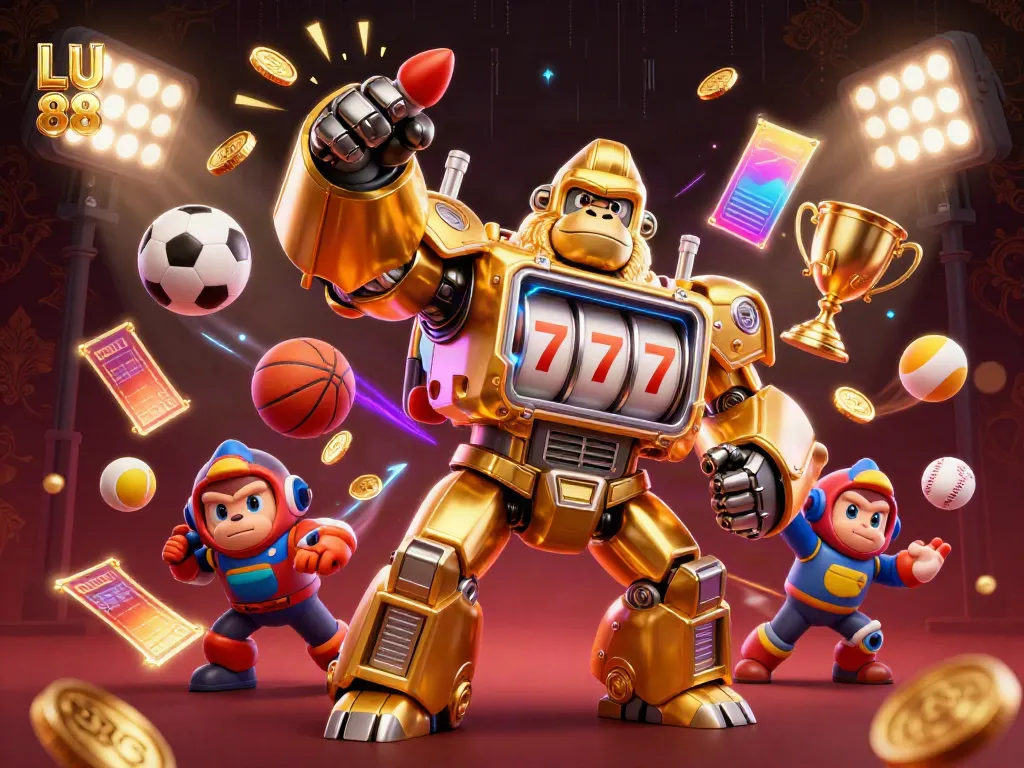 Experience thrilling gaming action with LU 88's dynamic casino scene featuring a mech and sports elements.