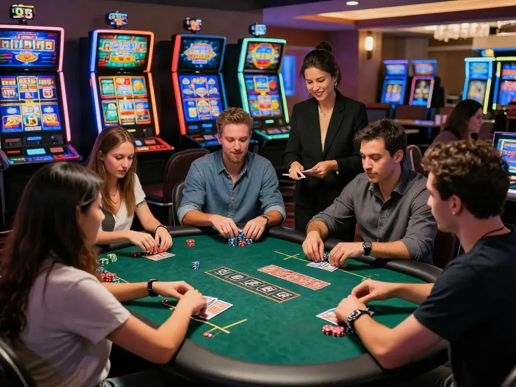 Exciting non GamStop casino scene with diverse players engaged at a gaming table, vibrant atmosphere.