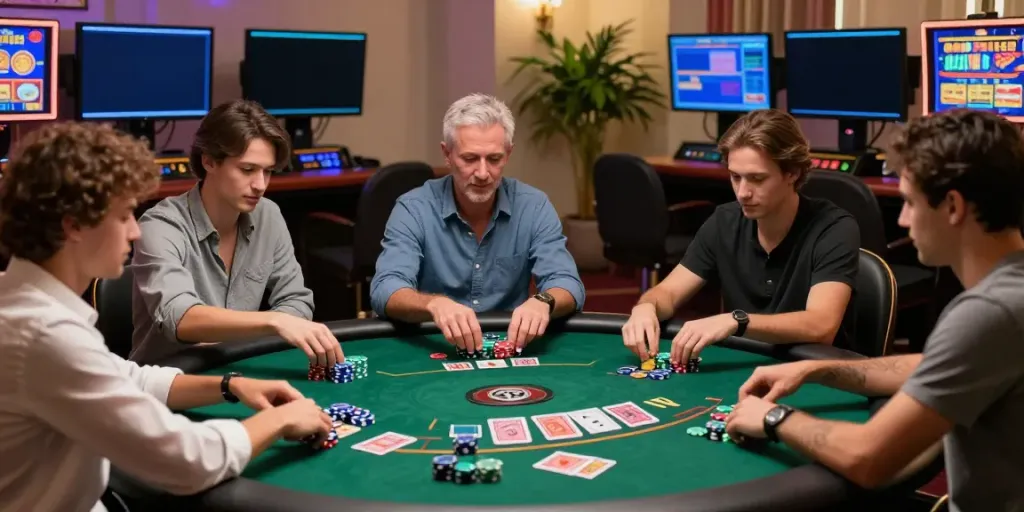Engaging non gamstop casino scene with players at a blackjack table in a stylish environment.