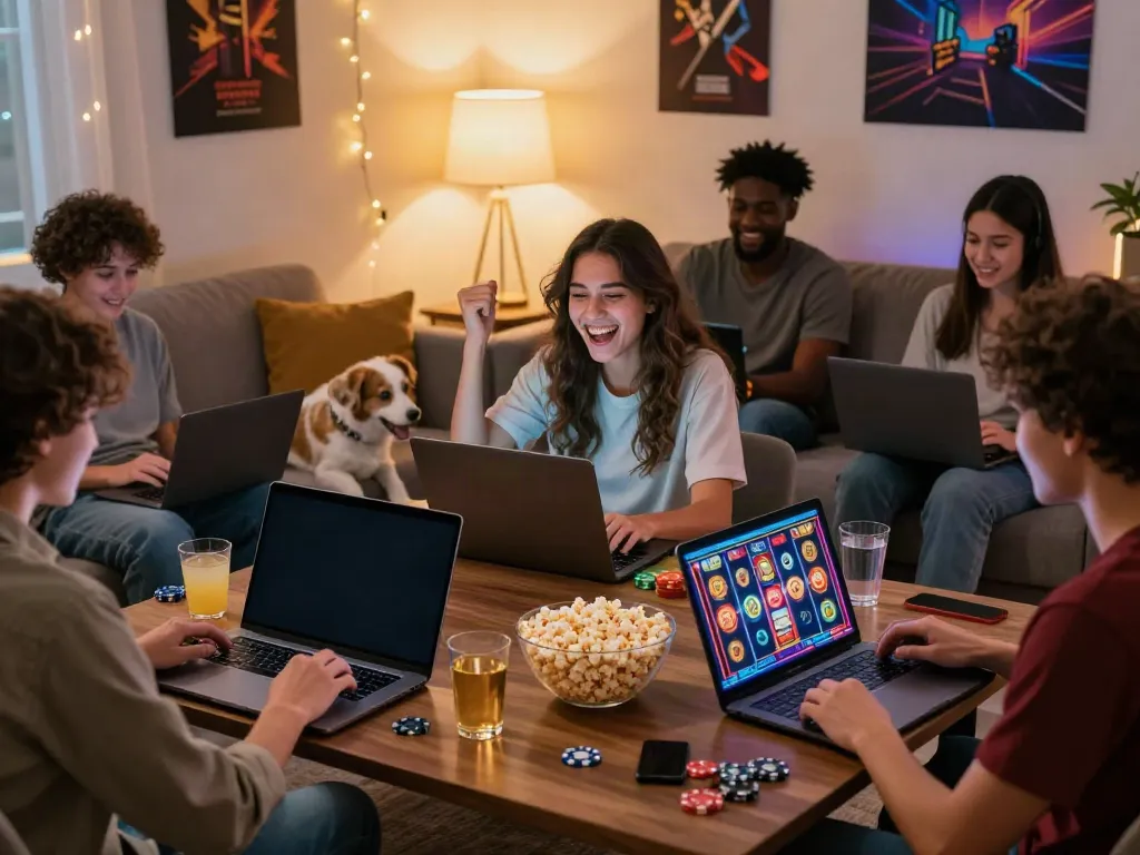 Diverse players enjoying a vibrant non gamstop online casino experience in a cozy home setting.