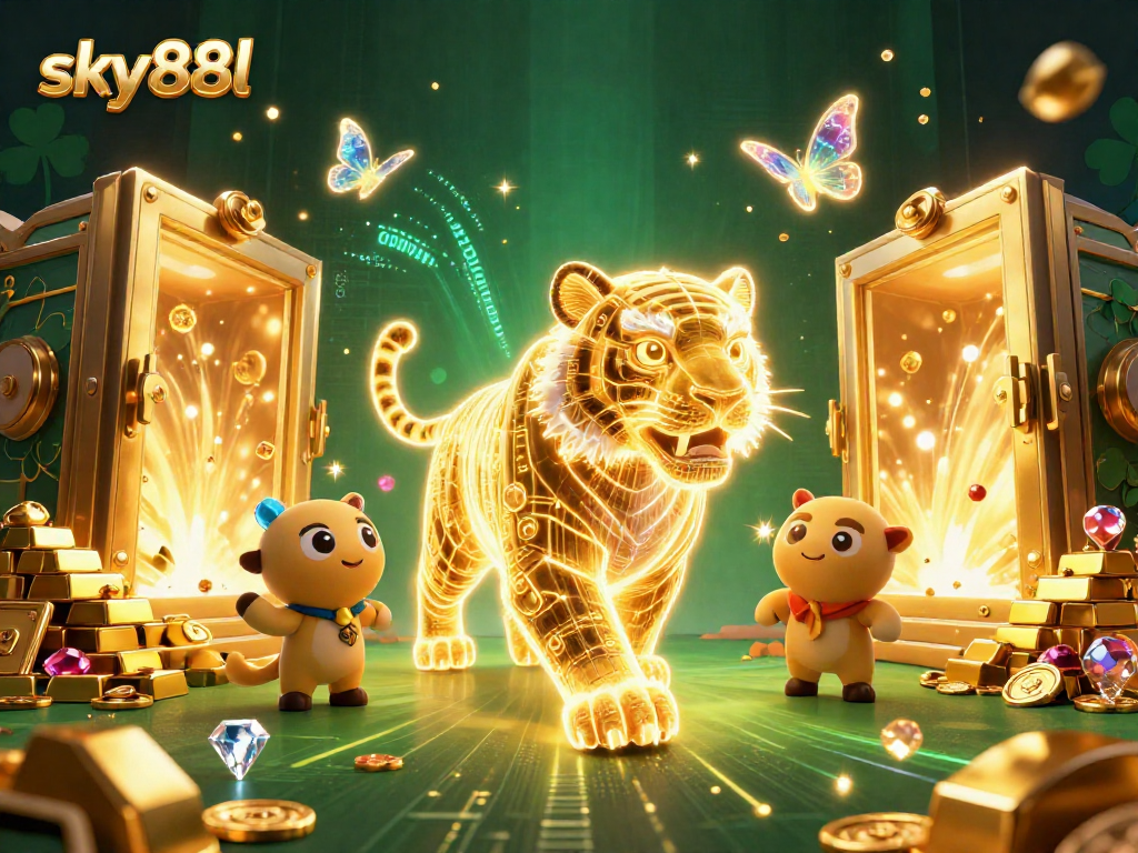 Experience thrilling wins at sky88l with a dynamic casino scene featuring a golden tiger and treasure elements.