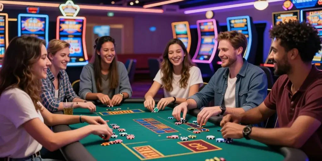 Players enjoying a lively session at a non Gamstop casino table, showcasing vibrant atmosphere.