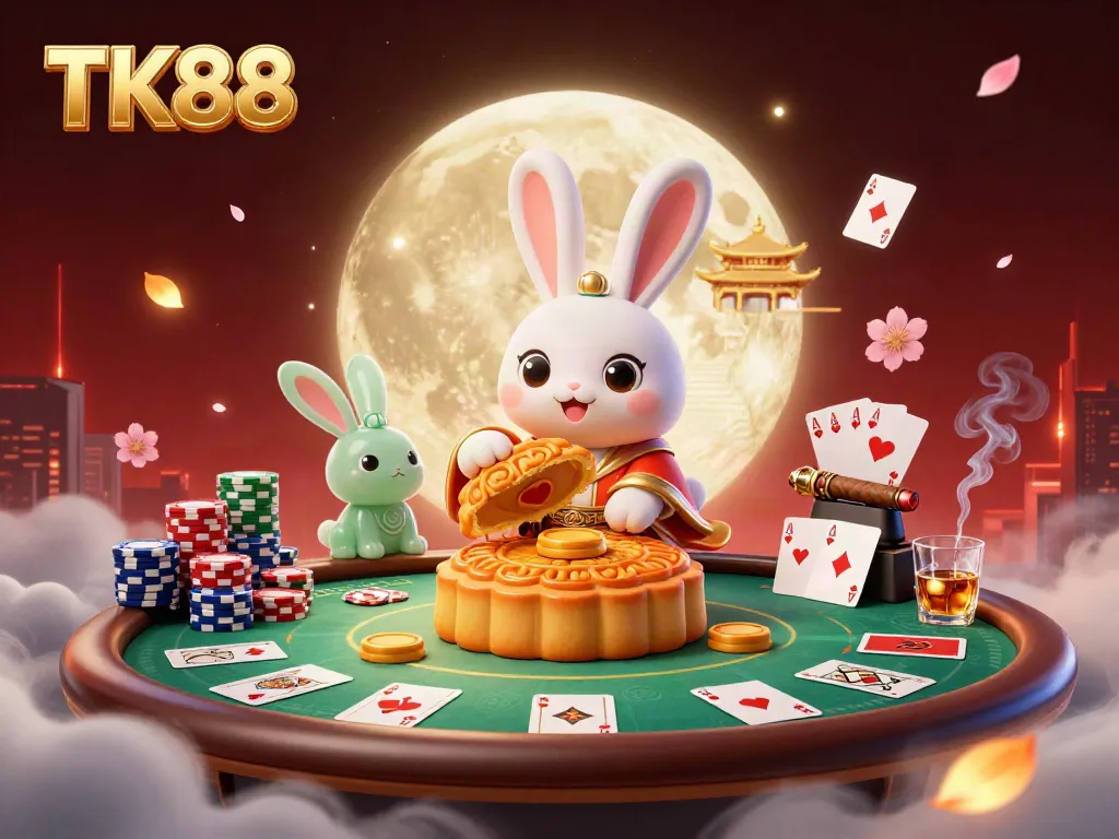Experience the excitement of TK88 with a playful scene of a moon rabbit revealing poker chips during a casino celebration.