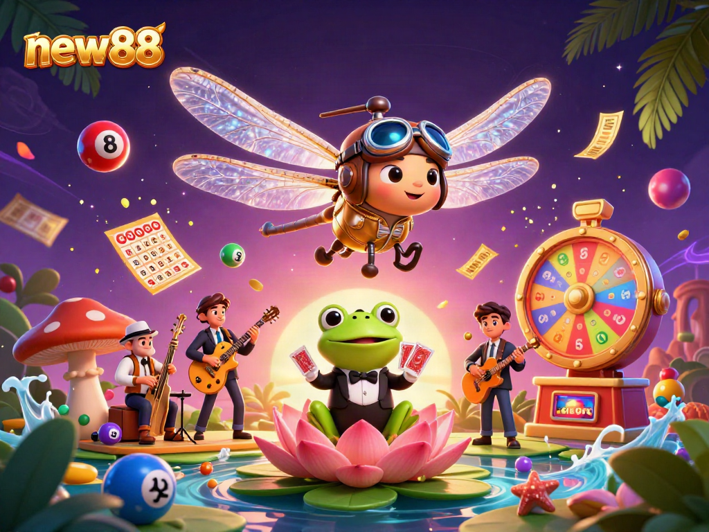 Engage in thrilling games at new88 with vibrant casino elements and lively characters in a dynamic 3D scene.