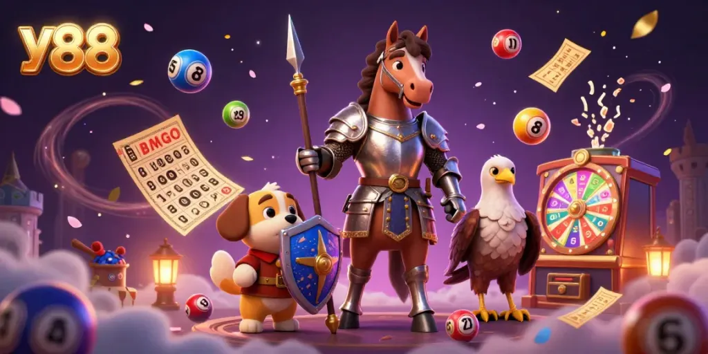 Engage in the vibrant world of yo 88 with animated lottery elements flying around medieval characters in a dynamic scene.