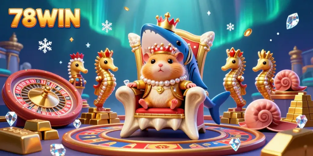 Engage with the vibrant live casino ambiance of 78WIN, featuring the golden hamster king and sparkling treasures.