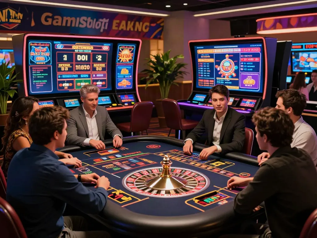 Engaged players at a non GamStop online casino surrounded by vibrant digital graphics.