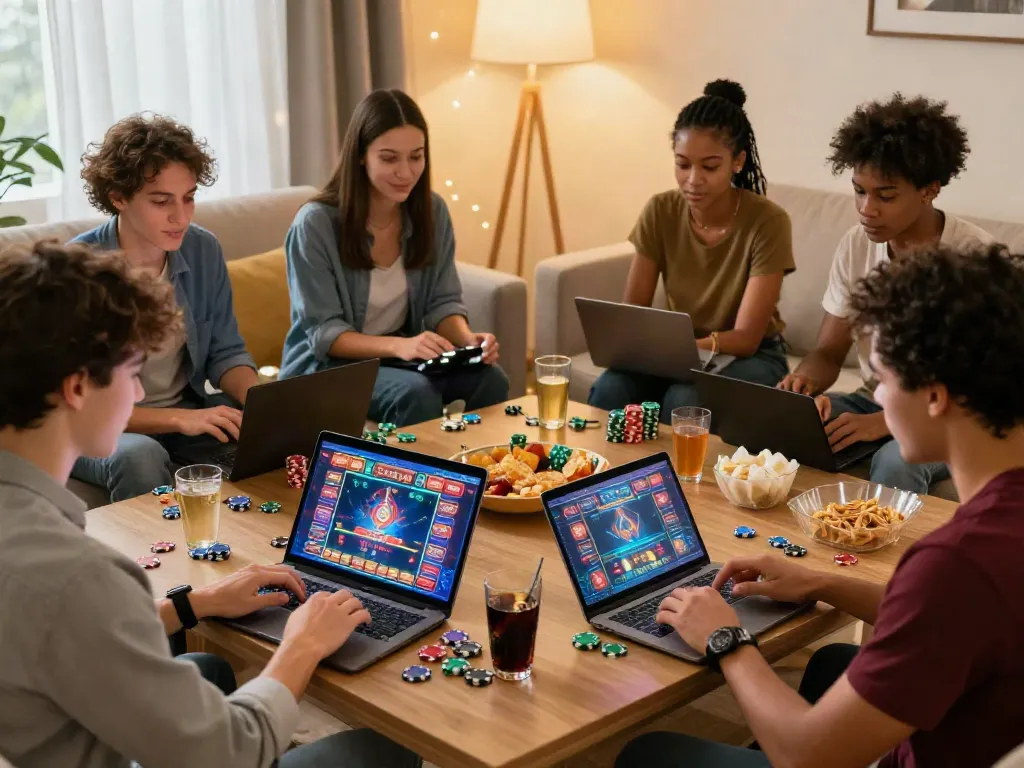 Friends exploring non gamstop options in a lively home casino setup.