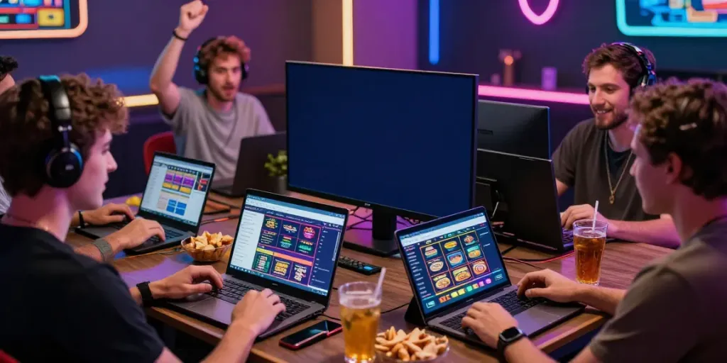Exciting group of friends exploring non GamStop casinos on laptops with vibrant gaming atmosphere.