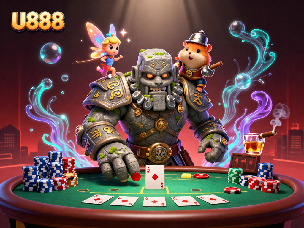 U888 poker scene featuring a mystical golem and knight, surrounded by vibrant casino elements.