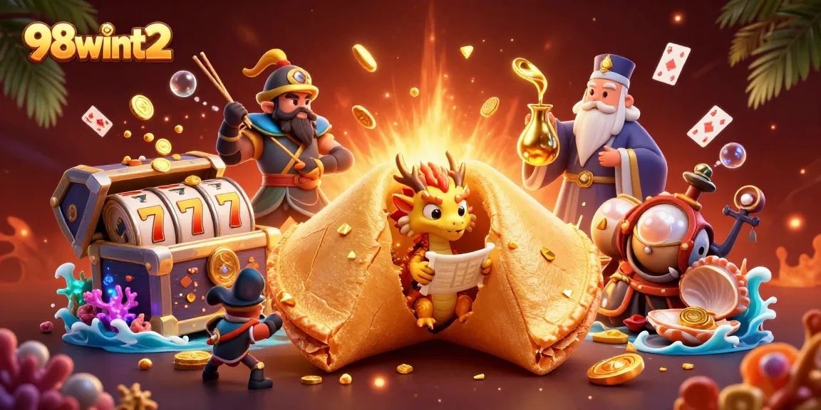 Spin and win with 98wint2's vibrant casino scene featuring golden fortune cookie characters.