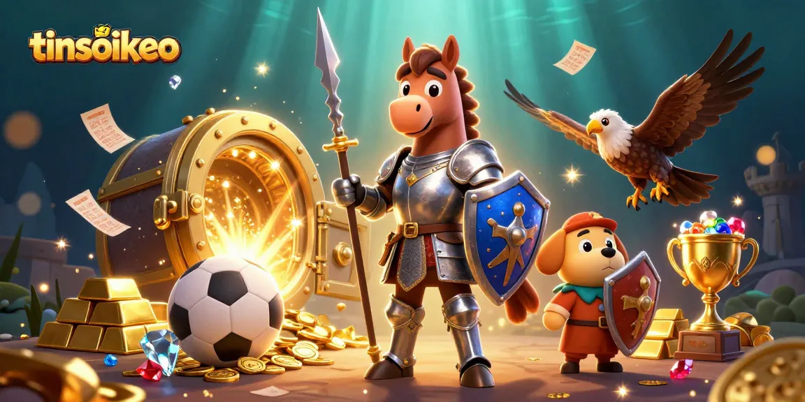 Bet on thrilling action with tinsoikeo featuring a knight, puppy, and falcon in a packed sports scene.