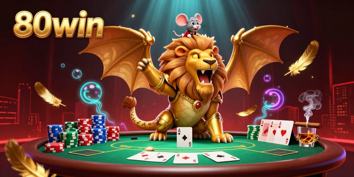 Experience the thrill of 80win with a vibrant 3D rendering of a chimera creature at a bustling poker table.