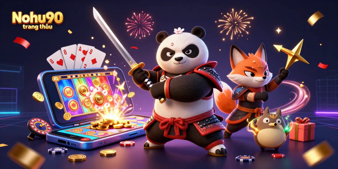 Nohu90 trang chủ features a dynamic casino scene with samurai panda and gaming elements.