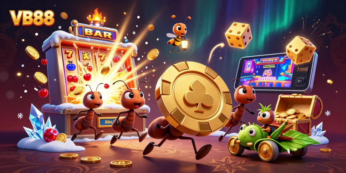 Engage in thrilling gameplay at VB88 with animated ants carrying a giant poker chip amidst explosive winnings.