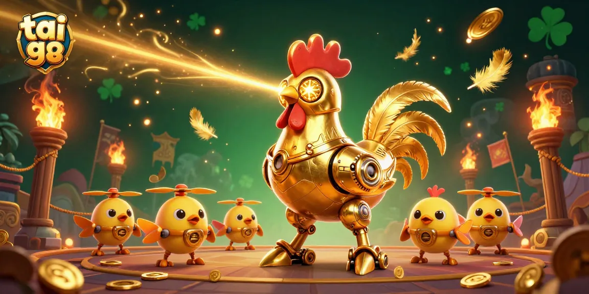 Engage in thrilling gameplay at tai go 88, featuring a golden rooster robot and dynamic casino elements.
