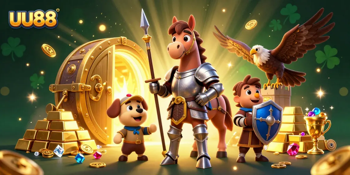 Engage with thrilling wins at uu88 while a knight, puppy, and falcon celebrate over golden treasures.