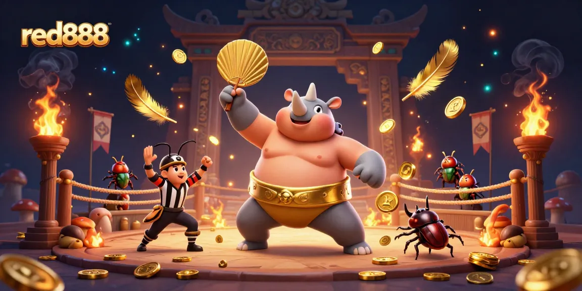 Experience thrilling action at red888 with a majestic sumo beetle champion amidst flying coins.