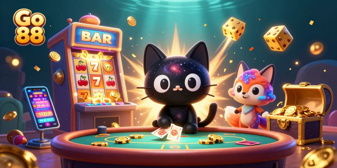 Experience the thrill of Go 88 at a cosmic casino with vibrant characters, dynamic elements, and golden rewards.