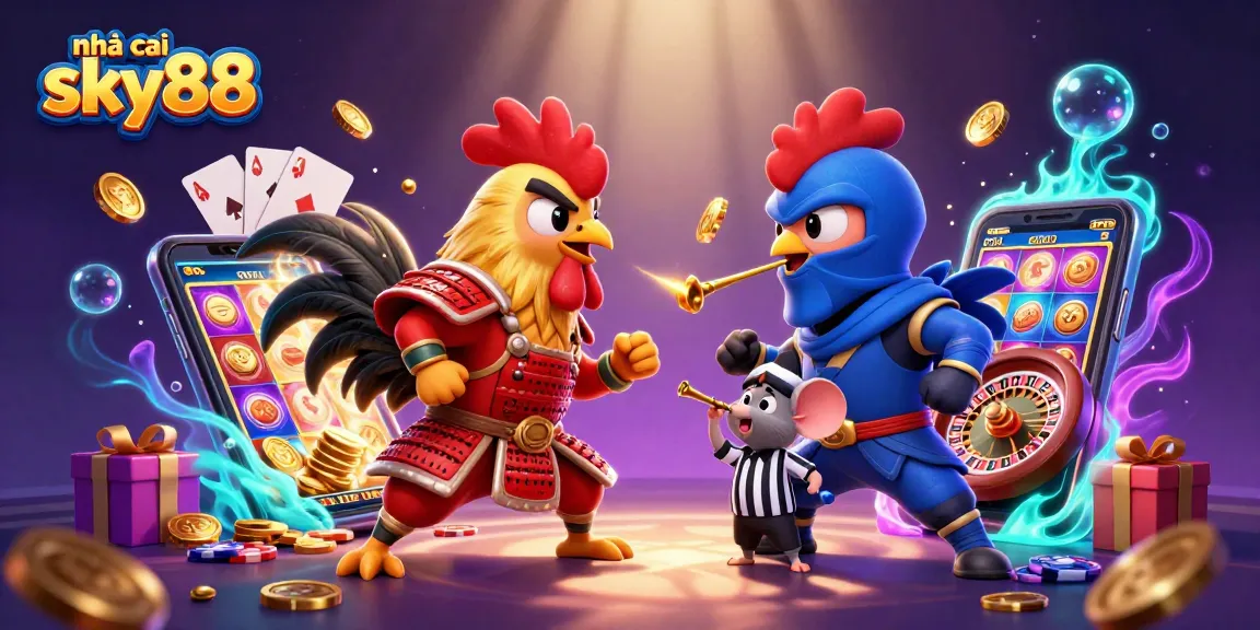 Experience excitement at nhà cái sky88 with vibrant cartoony fighting roosters amid gambling elements.