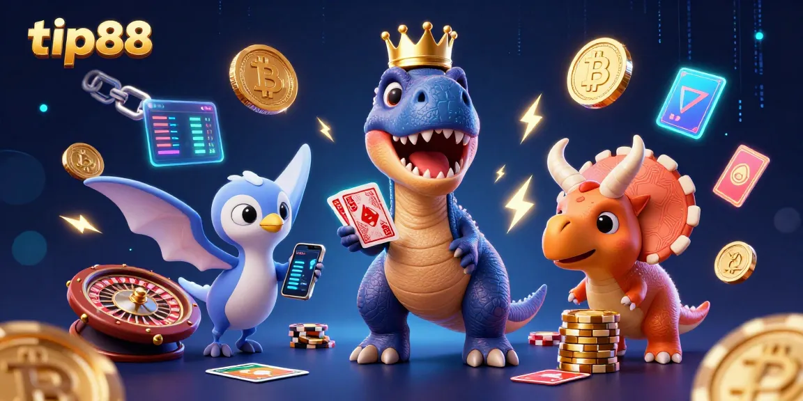 Experience thrilling gaming with tip88 as a T-Rex shuffles cards while stacking chips among casino elements.