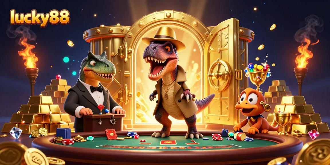 Engage with lucky88 as a cartoon velociraptor tries to blend in at a vibrant casino scene.