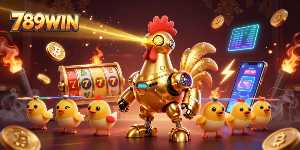 Play slots and win big at 789WIN with a captivating illustration featuring vibrant casino elements.