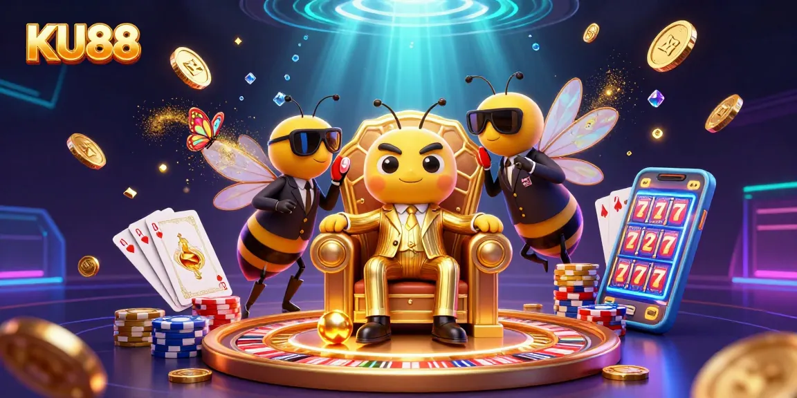 Win big with KU88 in this dazzling casino scene featuring vibrant gaming elements.