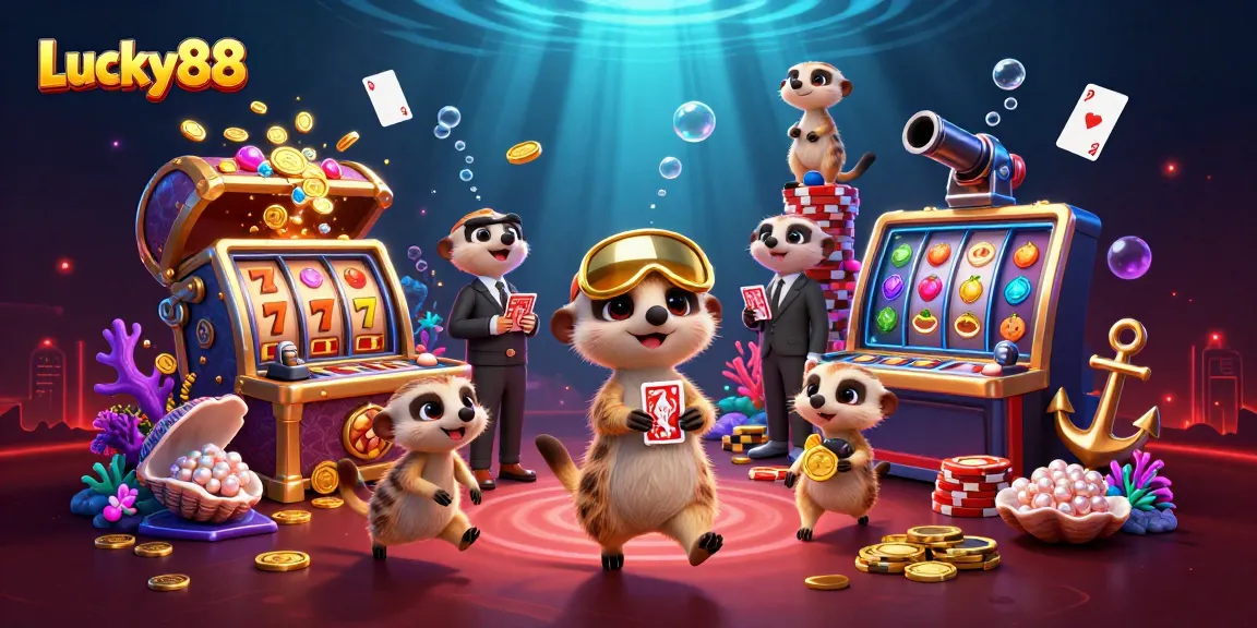 Experience Lucky88's vibrant casino action with playful meerkats, colorful game elements, and rich details.