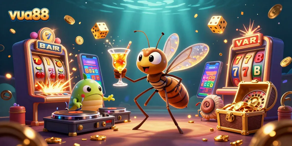Engage with exciting casino games at vua88 in this vibrant 3D illustration featuring unique characters and symbols.