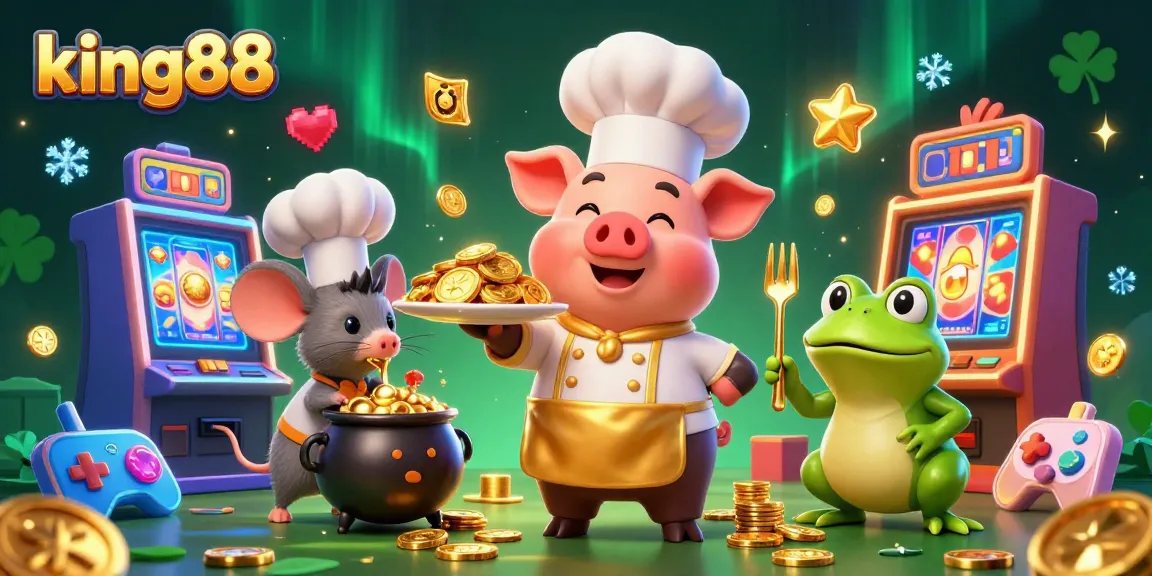 Experience king88's vibrant casino adventure with lively characters serving gold treasures and arcade action.