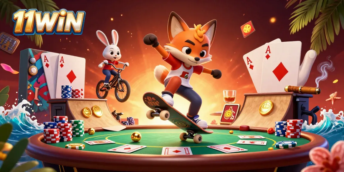 Experience the thrill of 11WIN as a skateboarder fox performs tricks over poker chips in this vibrant digital illustration.