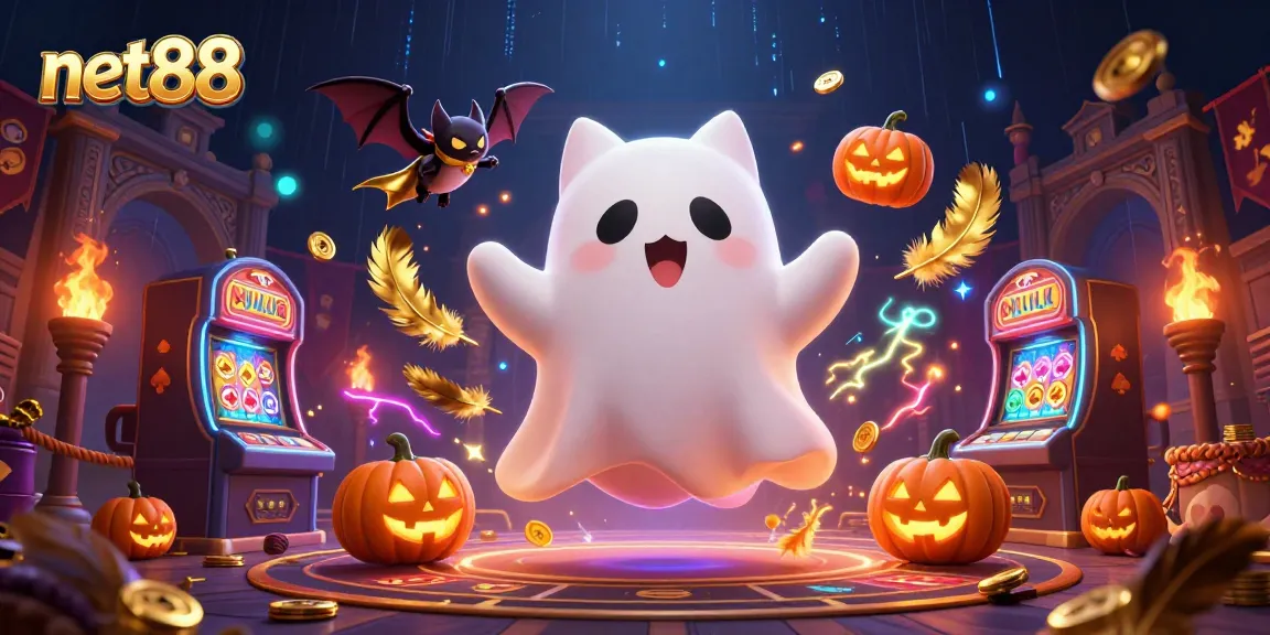 Bet on net88 with thrilling visuals featuring a ghost cat and bat in a haunted casino