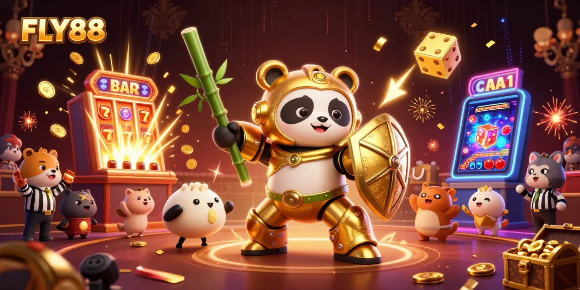 FLY88 features a golden panda in a mech suit amidst exciting gaming elements and vibrant casino action.