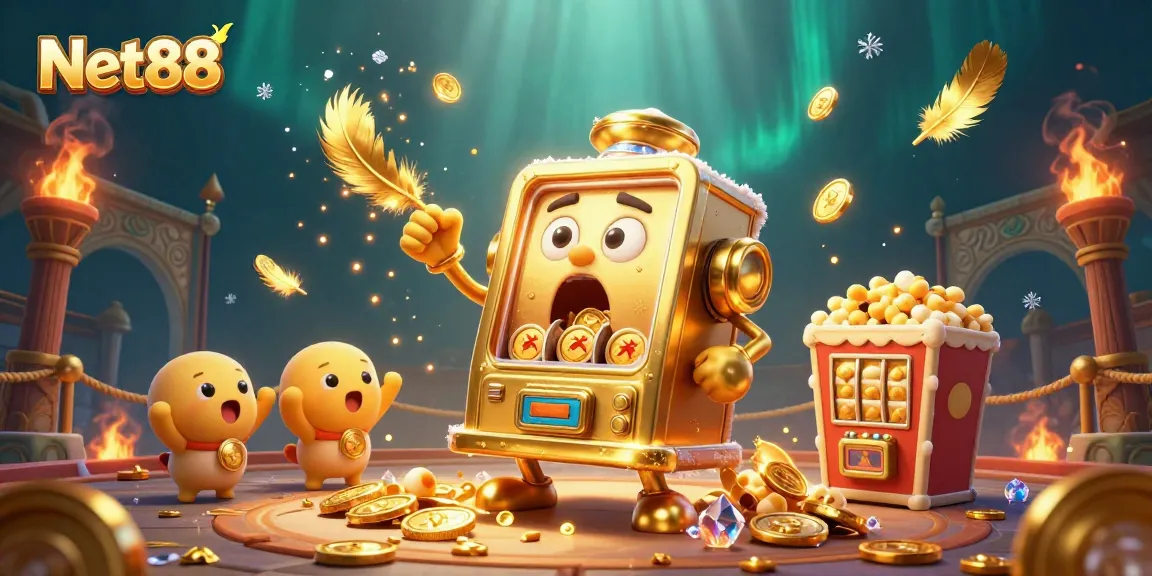 Engage with the Net88 slot machine as it hits a jackpot, showering coins in a vibrant casino scene.