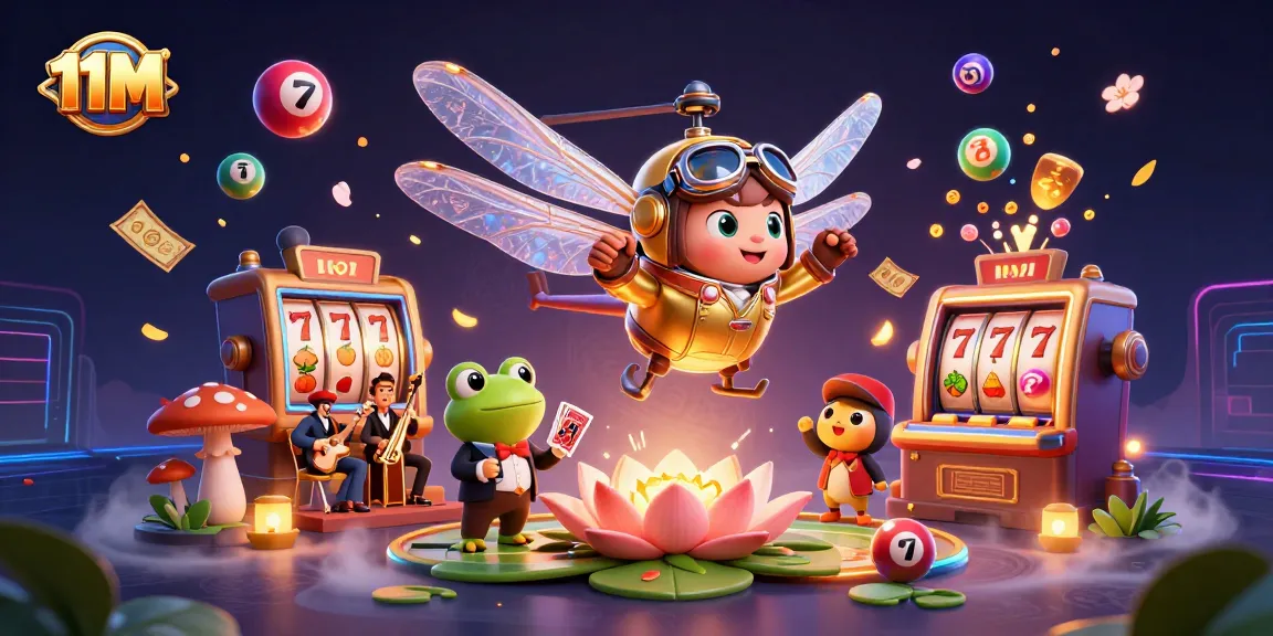Experience the excitement of the 11M casino scene with vibrant slot reels and lively characters.