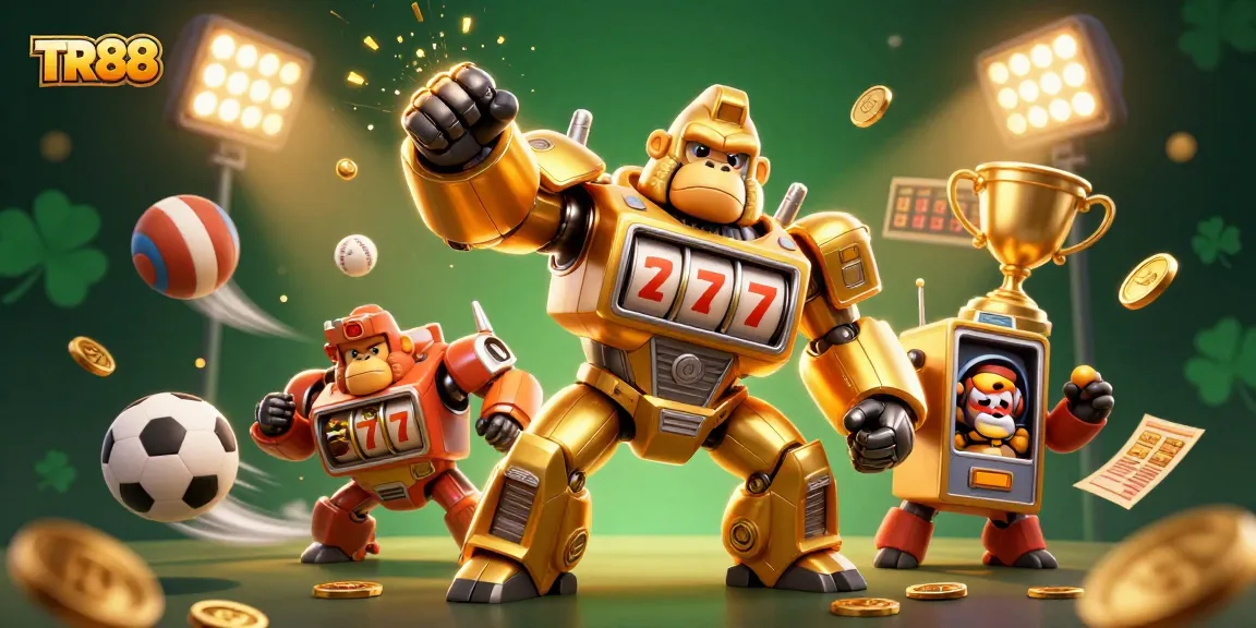 Experience exciting gameplay at TR88 with dynamic golden gorilla mech amidst vibrant sports elements.