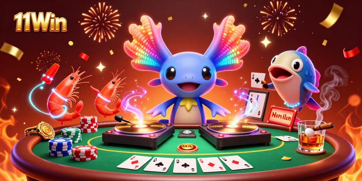 Experience the vibrant energy of 11Win, where an axolotl DJ spins as poker chips cascade in celebration.