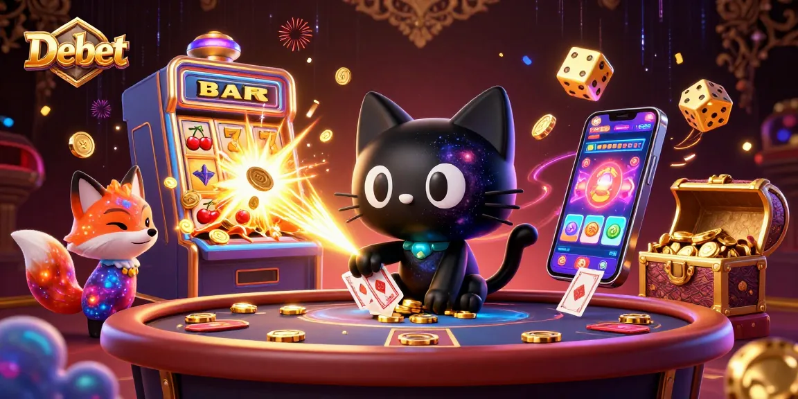 Engage in thrilling games at Debet with vibrant casino illustration featuring cosmic elements.