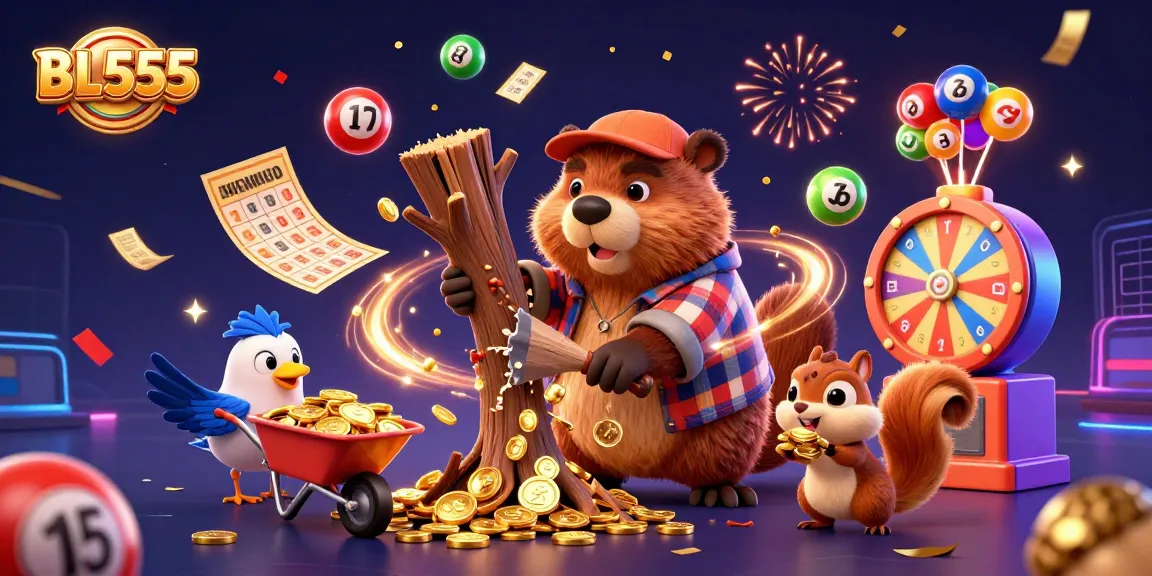 Experience the thrill of winning with BL555 in an exciting 3D casino illustration filled with vibrant game elements.