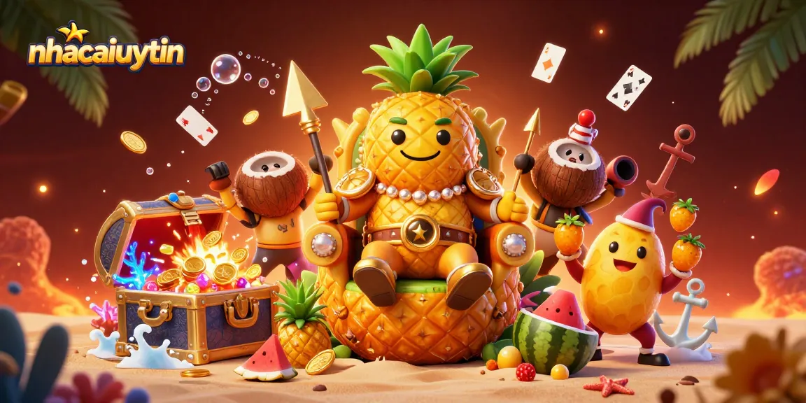 Engage with the vibrant casino scene featuring nhacaiuytin's golden pineapple king and dynamic characters, captivating gambling energy.