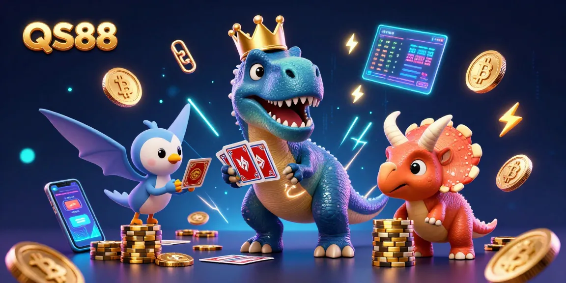 Experience thrilling gameplay at QS88 with T-Rex shuffling cards, surrounded by vibrant casino elements.