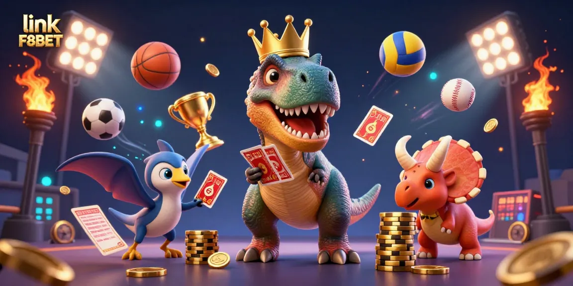 Experience thrilling gaming action with link F8BET as cute dinosaurs engage in card games and stacking chips.