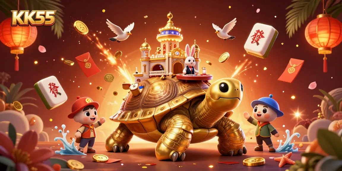 Play exciting games at KK55, featuring a vibrant casino scene with charming characters and lively gambling elements.