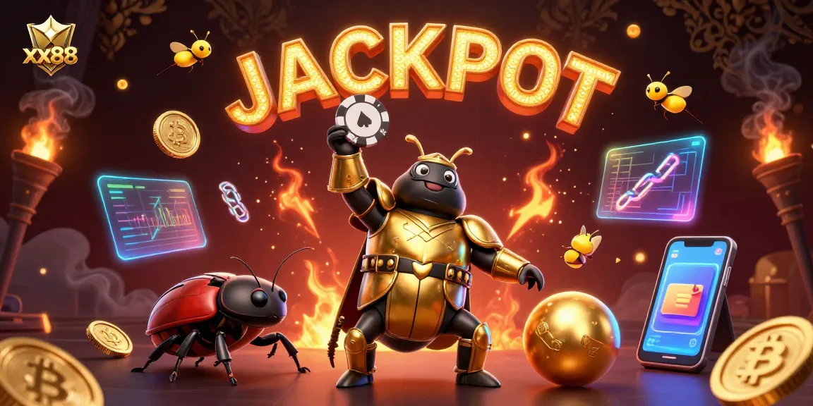 Win big at xx88 with a 3D hercules beetle in golden armor lifting a poker chip for victory.